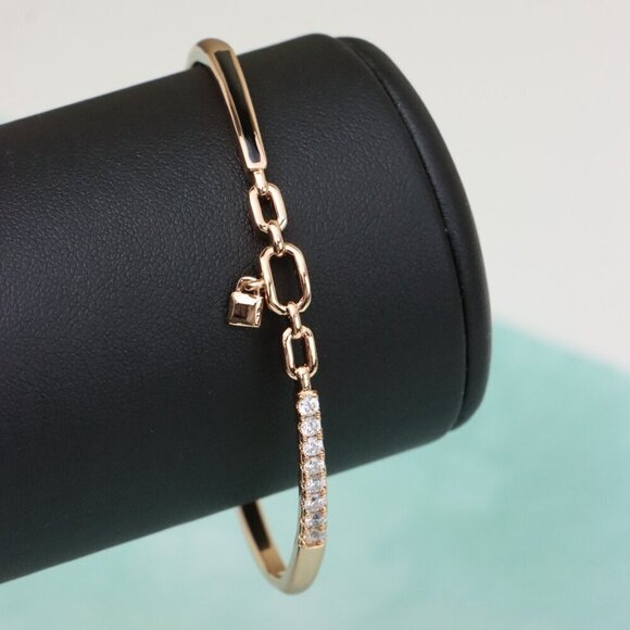 Elegant Rose Gold Bangle with Diamond Accents and Chain Link Charm, XPBL0459 - Picture 9 of 11